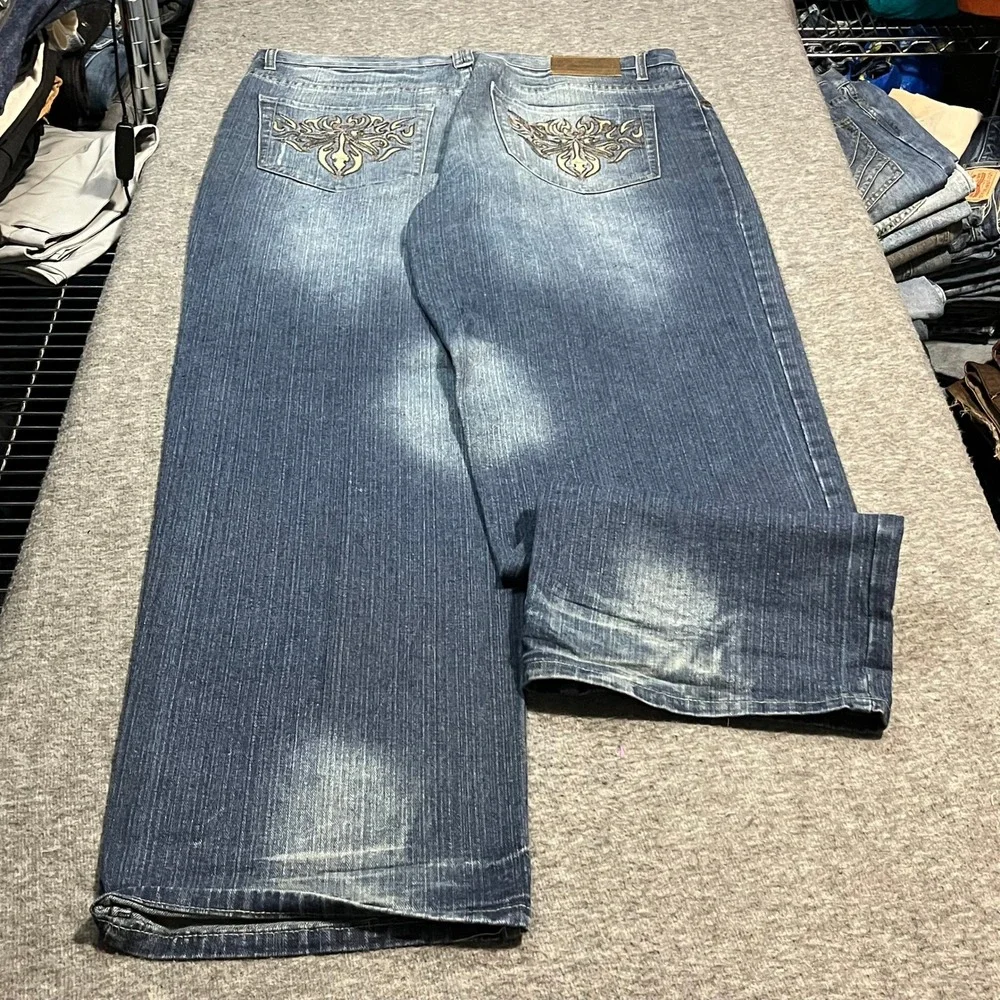 Brooklyn Xpress Mens Baggy Wide Leg Embroidered Jeans Blue 40x34 Y2K Streetwear